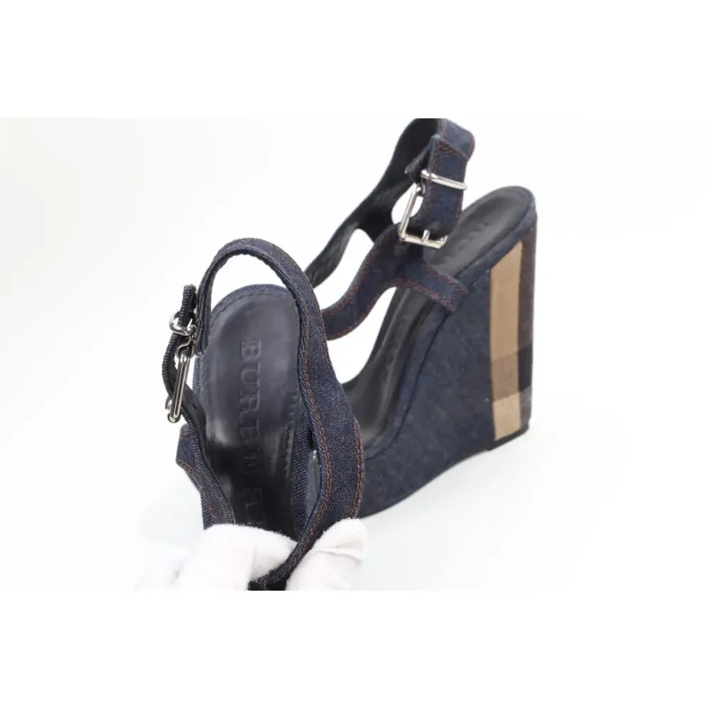 Burberry Navy Denim Buckle Ankle T-Strap Wedge Sandals Designer Shoes Size 38.5 - Picture 13 of 16